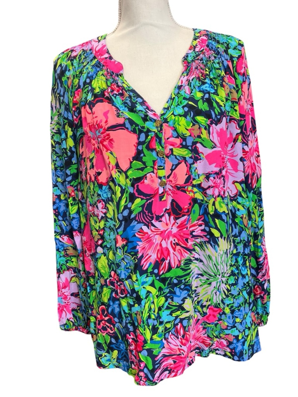 Lilly Pulitzer 100% Silk Floral Tunic Blouse XL Pink Navy Resort Tropical Top - Picture 2 of 9